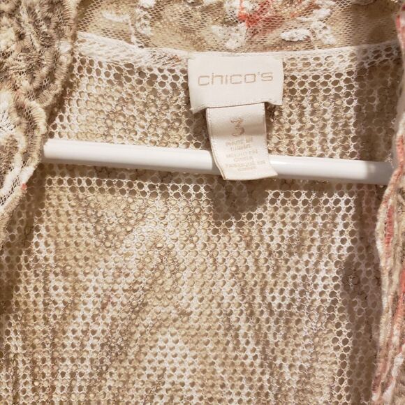 CHICO’S Beige Peach Net Lace Open Front 3/4 Sleeve Cardigan Women Size 3 Linen - Picture 9 of 10